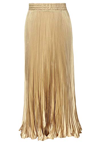 ebossy Women's Boho Satin Metallic Pleated Accordion Skirts Elastic High Waist Flowy A Line Shirring Maxi Long Skirt (One Size, Gold)
