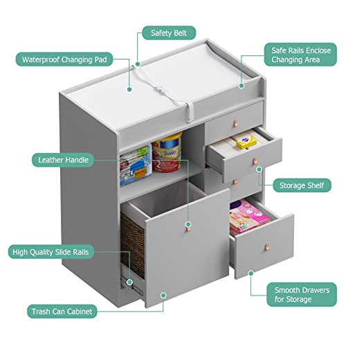 Timechee Baby Changing Table Dresser, Modern Nursery Dresser With Drawers, Storage Shelves, Waterproof Diaper Changing Pad, Safety Belt And Hidden Trash Storage For Nursery Room (Gray) #TOP3
