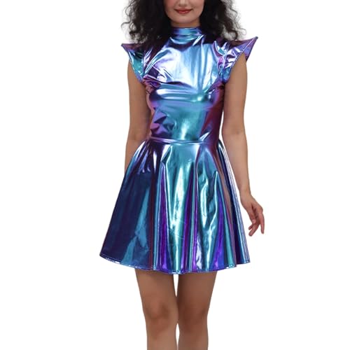 Damen Metallic Minikleid Rave Outfits Ärmellos Glitzer Holographisches Partykleid A-Linie Faltenkleid Skaterkleid Karneval Cosplay Clubwear Space...