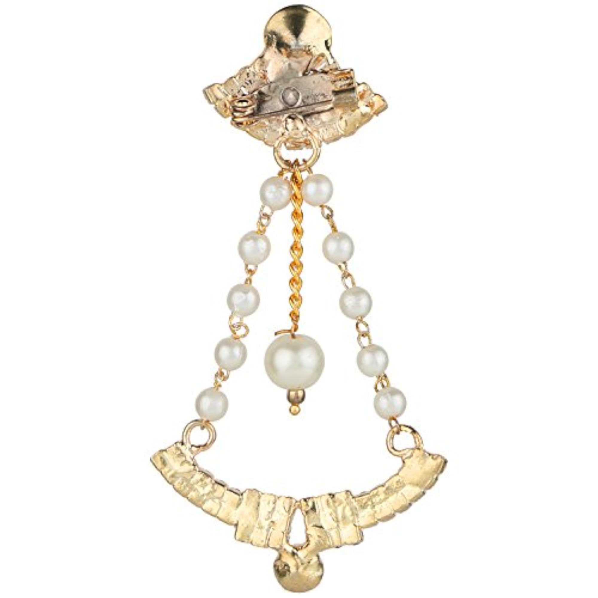 Vintage Blue and Gold Rhinestone Brooch with Pearl Chains, Timeless Charm