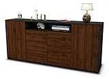 Dieses Sideboard hat Gesamt-Maße von 180x79x35 cm. Viel Platz, eine leere Wand, kein passendes Möbelstück? Unsere 1,80 m lange Kommode ist die perfekte Lösung! Die Holz Front Walnuss Nachbildung wirkt mit einem dunklen und intensiven Braun sehr einladend. Das dunkel erscheinende Holz passt sehr gut zu einem gemütlichen Einrichtungsstil. Der anthrazit matte Korpus kann überall integriert werden, besonders edel wirkt er im Kontrast zu hellen Wänden.