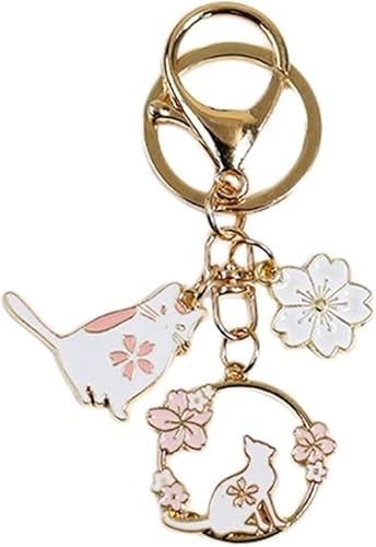 Seadiquiet Rabbit Cat Keychain Key Rings Cute Round Rabbit Cat Metal Keychain Lovely Pink Sakura Car Bag Keyring Girl Boy Couple Jewelry Pendant Accessories