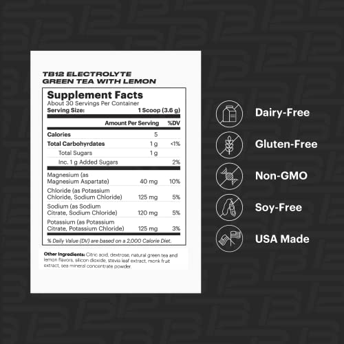Tb12 Electrolyte Supplement Powder For Fast Hydration By Tom Brady - Natural, Easy To Mix Powder. Low Sugar, Low Calorie, Vegan. Magnesium, Sodium, Potassium, Zinc. (Green Tea Lemon Flavor) #TOP2