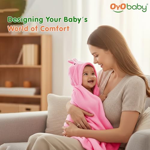 Image of OYO BABY Fleece Newborn Baby Blanket Combo - Hooded Baby Wrapper with Funny Cap, Bath Towel & Blanket (0-12 Months, 84x80 + 72x68), Pack of 2 - Pink Kitty & Rabbit