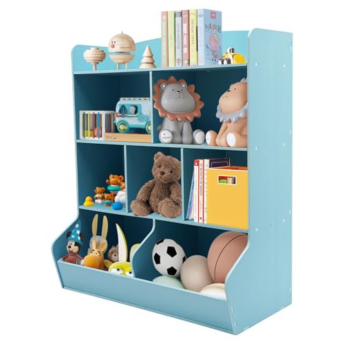 Lemoeyes Toy Storage Organizer with Bookcase, 3 Tier Kids Bookshelf 42.3'' H Toy Storage Cabinet for Boys Girls Storage Display for Playroom Bedroom Nursery, 170lbs Load-Bearing Capacity (Light Blue)