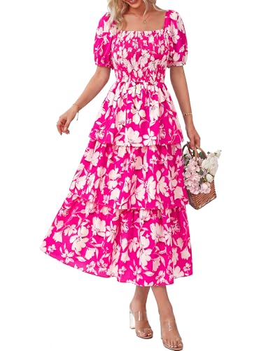 Image of BTFBM Womens Floral Smocked Summer Maxi Dresses | Square Neck Puff Short Sleeve Ruffle Tiered, 2026 Trendy Casual Sundress, Cruise Holiday Beach Vacation Wedding Guest Dress