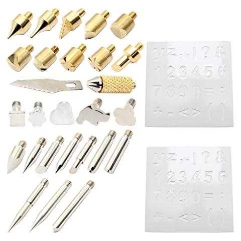 Wood Burning Tips, 28Pcs Pyrography Tips Soldering Iron Interchangeable Tip Kit Hobby Kit Accessories, Screw-On Points and Stamps in Different Designs Cover