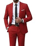 YND Men's 2 Piece Suit with Tie, One Button Slim Fit Solid Jacket and Pants Set, Suits for Men Prom Party Wedding & Business, Red