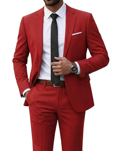 YND Mens 2 Piece Suit with Tie One Button Slim Fit Solid Jacket and Pants Set Suits for Men Prom Party Wedding & Business Red M