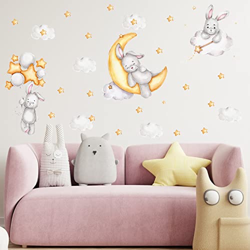 Bunny Sleeping On The Moon Wall Stickers Rabbit Stickers Cloud Moon Wall Decal Baby Boy Girls Moon And Stars Nursery Wall Decor #TOP2