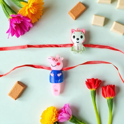 Image of Peppa Pig Whistle & Pet Light Rakhi Combo for Beloved Ones | Special Character Rakhi| Free Tilak Set | Unique Character | PoPo Toys | Assorted Color