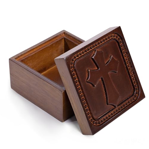 AxtreHeu Wooden Cross Prayer Keepsake Box of Christian, Rosary Box for Religious Jewelry, Hand-Carved Catholic Rosary Holder Boxes Gifts for Women & Men, Baptism Communion Memorial Sympathy Gifts