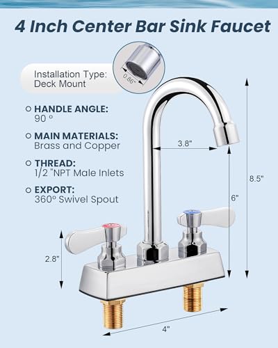 Image of Commercial Bar Sink Faucet 2 Hole,4 Inch Center Deck Mount Hand Sink Faucet,3.8″ Gooseneck Swivel Spout Bar Faucet,Brass Construction Chrome Polished with Dual Handles for Utility Laundry Kitchen