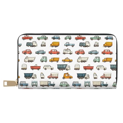 Leather Thin Slim Wallets for Women Men - Fashion Cartoon Car A Print Card Wallet Holder with Zipper