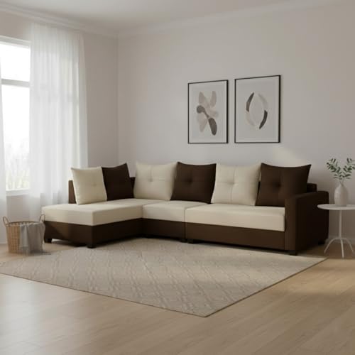 Image of SOCOZI Oriana 6 Seater LHS L Shape Sofa Set | Soft Velvet Suede Fabric | Modern Design | Plush Comfort Cushions for Living Room (Dark Brown- Cream)