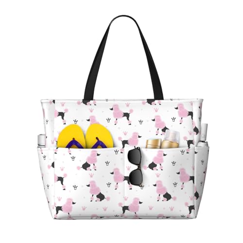 Large Beach Bags Water-resistant Sandproof - Pink Cute Poodle Dog Crown Cute Beach Tote Bags for Women with Zipper