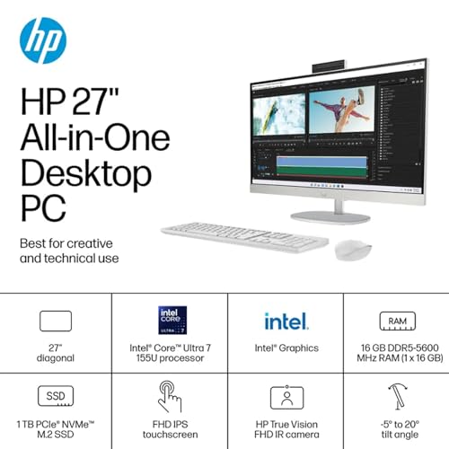 Image of HP 27 inch Touchscreen All in One Desktop Computer, FHD IPS Display(1920 x 1080), Intel 12-Core Ultra 7,Adjustable Height,Intel Graphics, Win 11 Pro, Jet Black, with Accessories,16 GB DDR5, 1TB SSD