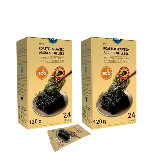 Uta Premium Seaweed Snacks – Authentic Korean Lavered Roasted Seaweed Teriyaki Flavored, 2 Pack x 24 Seaweed Snack Pouches, 5g Each, Total 240g, Experience the Irresistible Crunch of our Seaweed, Expertly Lavered and Infused with a Delicious Teriyaki Flavor for a Truly Delightful and Healthy Snack