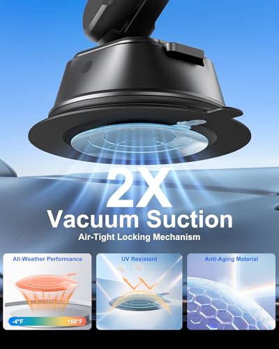 Magnetic Vacuum Suction Cup Phone Mount for Truck & Car, Heavy Duty Semi Truck Holder, 17x Strong Magnets, Adjustable Aluminum Arm Windshield Dashboard Window Mount for MagSafe iPhone 12–17 & Samsung - image 3