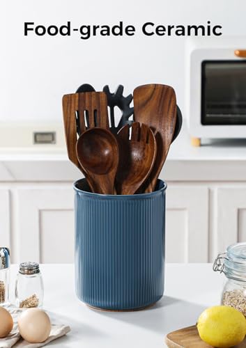 Image of LoeJan Utensil Holder, Extra Large Utensil Crock, Stable Ceramic Utensil Organizer, Cooking Tool Organizer Set for Kitchen Counter Farmhouse Decor, Blue