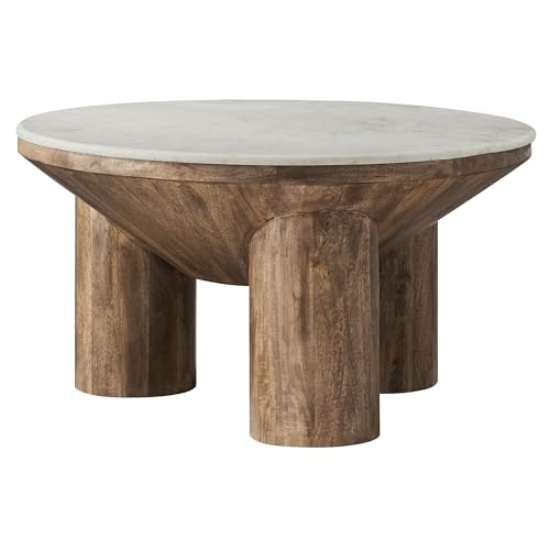 Modway Ellison 33 Inch Round Mango Wood Coffee Table in Walnut with Marble Top – Modern Drum Coffee Table for Living Room – Round Marble Center Table with Solid Wood Base