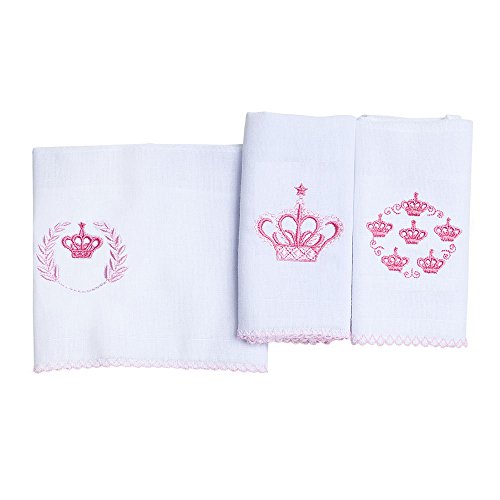 Babete Karinho Bordado 40Cm X 40Cm 03 Un, Papi Textil, Branco/Rosa