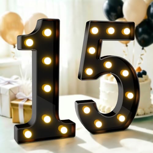 Image of Pooqla 15th Birthday Decorations for Boys, Large Black Light Up Numbers | Black Party Decorations, 12.6in Tall Big Marquee Numbers 15th Anniversary Birthday Gift for Boys Wedding Room Decor