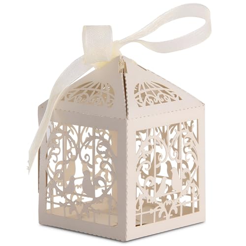 Trimming Shop 100pcs Love Birds Wedding Favour Boxes with Organza Ribbon Laser Cut Gift Boxes for Candy Chocolate Sweets Guest Party Decoration Baby Shower - 5cmx5cmx8cm Beige