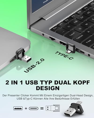 USB C Presenter, 2 in 1 USB und Typ-C-Empfänger Pointer für Präsentationen Wiederaufladbare mit Lautstärke Erhöhen Verringern und Hyperlink 2.4 GHz Wireless Powerpoint Presenter für Windows/PPT