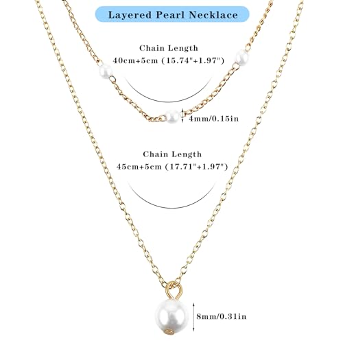 Dainty Gold Pearl Necklace for Women Trendy Gold Plated Layered Necklaces Simple Gold Herringbone Chain Necklace Single Pearl Strand Choker Necklace Gold for Women Girls Fashion Gold Jewelry Gifts - Image 3
