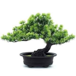 Artificial Bonsai Tree Fake Plants for Home Decor, Living Room Bathroom Bookshelf Entryway Table Wall Shelf Modern Farmhouse Decor, 9.5″ Tall, Green
