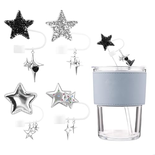 Cosmeria Strohhalm Abdeckungen, Y2K Design, 4er-Set Silikon Deckel Für 10 Mm Glasstrohhalme, Auslaufsicher Und Tragbar