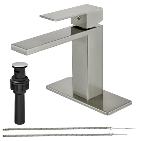 Bathroom Sink Faucet One Hole Waterfall Brushed Nickel Bath Vanity Single Handle Sink Lavatory Commercial Basin with Pop Up Drain Overflow Mixer Tap Supply Line Cover