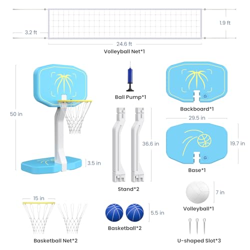 Goregent Pool Basketball Hoop or Pool Volleyball Net, 2 in 1 Stainless Steel Pool Basketball Hoops Poolside Set for Family Outdoor Pool Games, Summer Pool Parties