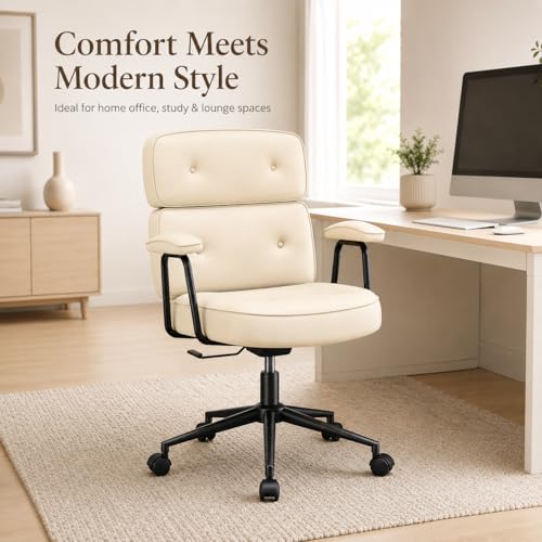 Image of Ergonomic Home Office Desk Chair, PU Leather Computer Chair with Lumbar Support, Adjustable Height, 360 Swivel Rolling Wheels, Executive Task Chair for Office, Gaming, Meeting Room, Beige