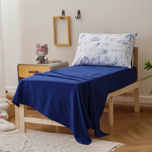 Image of Luxlovery Toddler Comforter Set Cartoon Aircraft Vehicles Printed Kids Children's Blanket White Blue Bed Set for Dorm 4 Pieces (1 Comforter, 1 Flat Sheet, 1 Fitted Sheet, 1 Pillowcase)
