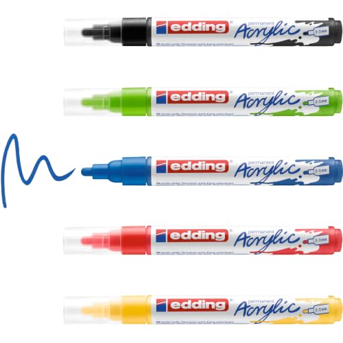 Edding 5100 Marqueur acrylique - noir, rouge, bleu, jaune, vert jaune - 5 couleurs (basiques) - pointe ronde 2-3 mm - peinture acrylique pour la toile, le bois et la pierre - stylos imperméables