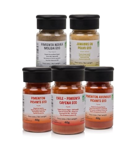 FRISAFRAN | Pack Picantes | Pimienta Cayena 40g | Pimenton Ahumado Picante 40g | Jengibre en Polvo 40g | Pimenton Picante 40g | Pimienta Negra Molida 40g