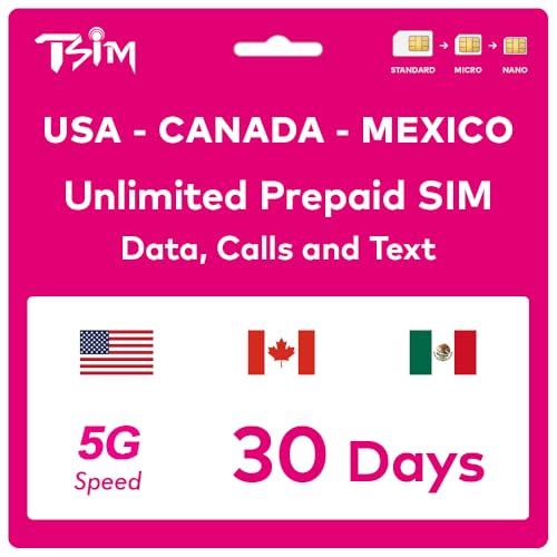 TSIM Tarjeta SIM prepagada de Estados Unidos para 30 días de Viaje | Datos ilimitados de Alta Velocidad 4G/5G en los Estados Unidos + Datos de 5 GB en Canadá y México | Llamadas Locales ilimitadas