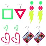 Ouligay 4 Pairs 80s Earrings for Women Retro Colorful 80s 90s Neon Earrings for Women Acrylic Fun Earring Neon Jewelry for 80's Outfit Glow Party Accessories Halloween Cosplay Music Festival Costume