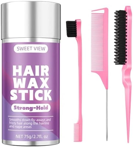 SWEET VIEW Barra de cera para el pelo y cepillo para peinar hacia atrás, Domina los pelos rebeldes, crea coletas y moños lisos | Barra de gel para mujeres y niñas