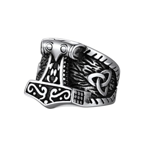 FaithHeart Norse Viking Jewelry Mens Stainless Steel Vikings Thor's Hammer/Wolf Head Ring Valknut Warrior's Gothic Jewelry-Personalized Engrave 01. Thor Hammer-Silver 13