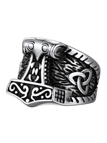 FaithHeart Norse Viking Jewelry Mens Stainless Steel Vikings Thor's Hammer/Wolf Head Ring Valknut Warrior's Gothic Jewelry-Personalized Engrave