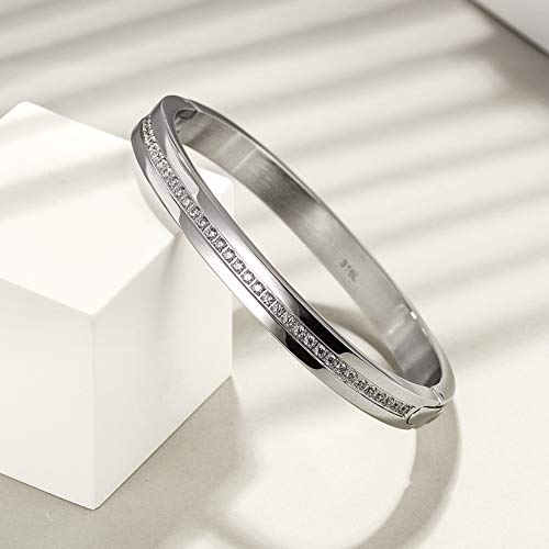 Cuff Bracelet With Cz For Women Stainless Steel Metal And Spring-Clasp Gold Silver Black Plated Chunky Cuff Bangle Jewelry For Girls Gift (Cz White) #TOP2