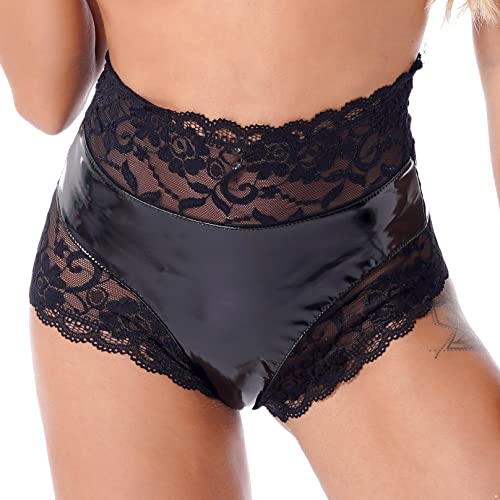 MSemis Damen Hotpants High Waist Glänzend Shorts Frauen Lackleder Bikini Slips mit Reißverschlüsse Erotik Dessous GOGO Reizwäsche F Schwarz XL
