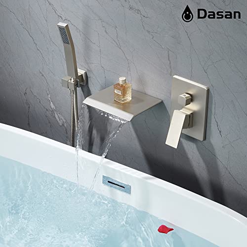 Upgraded Wall Mount Tub Filler Faucet With Handheld Shower, Dasan Modern Wall Mounted Bathtub Faucet Brushed Nickel High Flow Waterfall Tub Faucet With Rough In Valve, Sa-Tf04Wh-Bn #TOP3