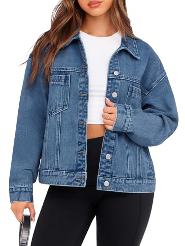 Glamaker Womens Oversized Jean Jacket Casual Long Sleeve Button Down Denim Jacket Fall Coat