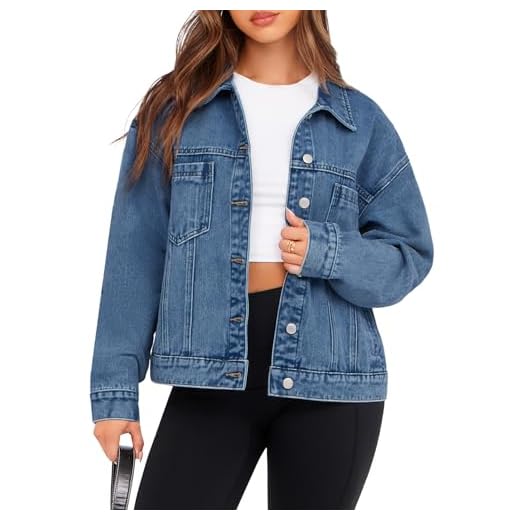 Glamaker Womens Oversized Jean Jacket Casual Long Sleeve Button Down Denim Jacket Fall Coat (Light Denim Blue M)