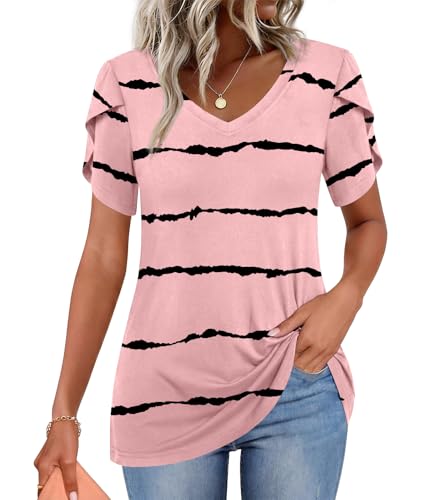 Image of CATHY 2026 Women Tops Summer Short Sleeve Tunic V Neck T-Shirts Loose Casual Floral Blouse S-4XL