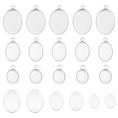 UNICRAFTALE 30 Sets Oval Cabochon Pendant 304 Stainless Steel Blank Bezel Charms Trays Settings with Oval Glass Cabochons Bezel Blanks Tray for Photo Pendant Craft Jewelry Making
